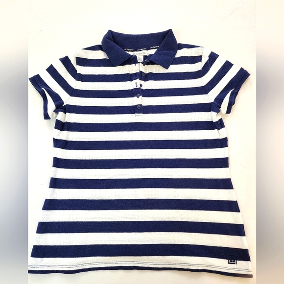 Liz Claiborne Women's Striped Polo Shirt Blue and White, size Medium - Picture 2 of 12
